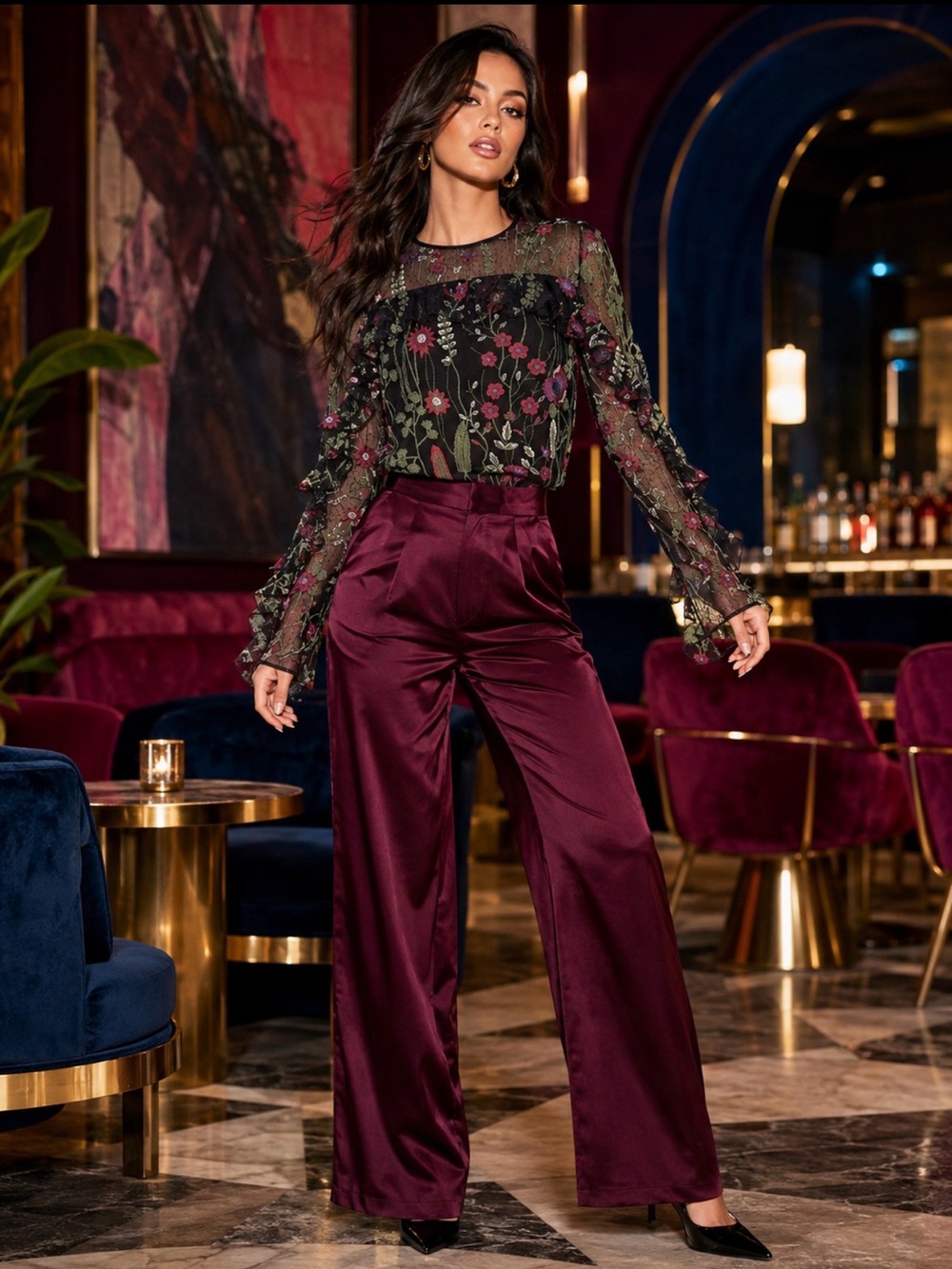 Red Carter Brianne Top Medium Black Floral Embroidered Mesh Ruffle Blouse